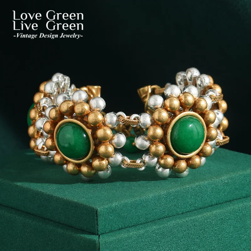 

Bohemian Jewelry Vintage Jade Flower Bracelet With Pearl Gold Color Beads Sunflower Wedding Accessories Luxury Brand 2025 Trend