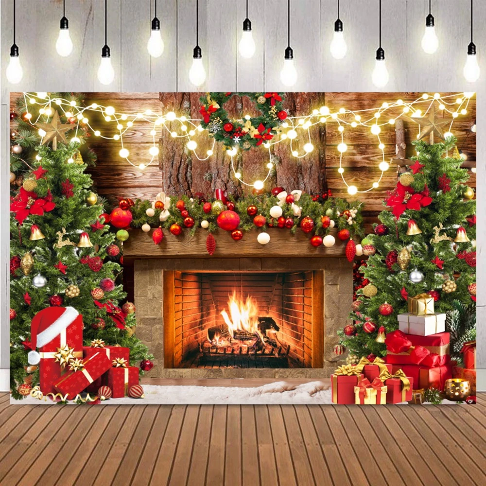 Christmas Fireplace Photography Backdrop Bonfire Winter Xmas Tree Gift Socks Kids Portrait Family Party Photo Background Studio