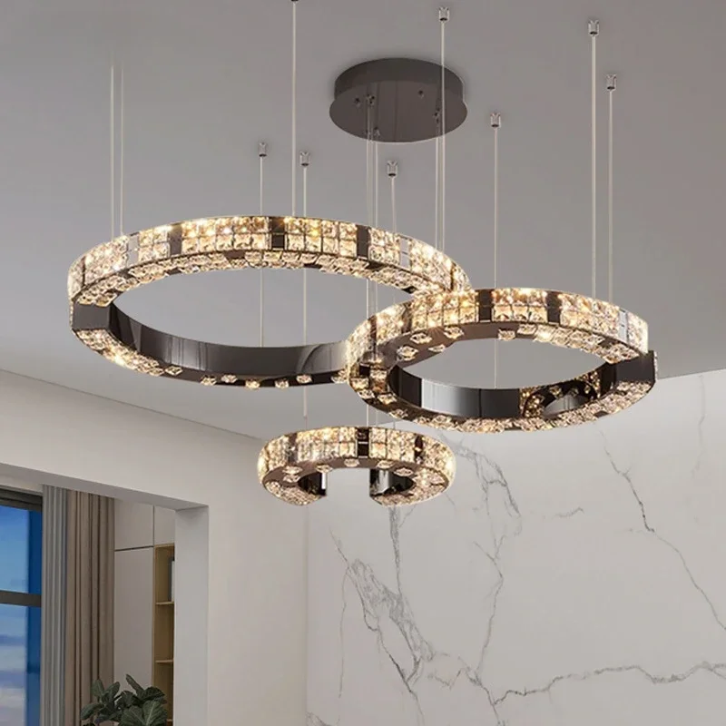 

GHJUYIOL Light luxury crystal living room pendant light, high-end dining room light, new hall bedroom multi ring main light fixt