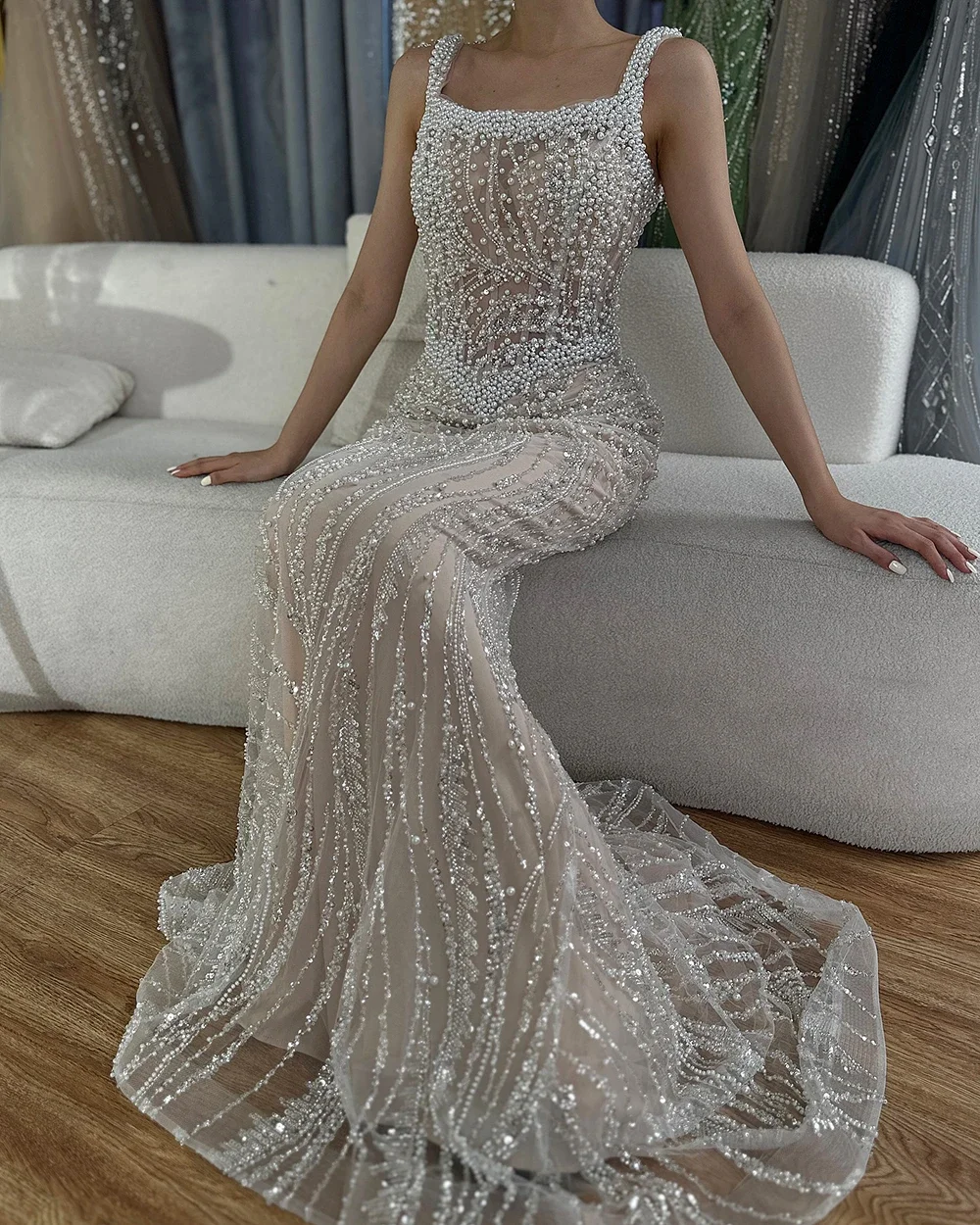 Serene Hill 2025 White Nude Spaghetti Strap Evening Dresses Pearls Beaded Formal Occasion Party Gowns GLA72266 Customized