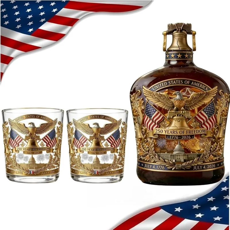 Juego de decantador de whisky Heritage de 250.º aniversario, botella de licor We The People de 750 ml con dos vasos de 300 ml para whisky escocés, bourbon y vino