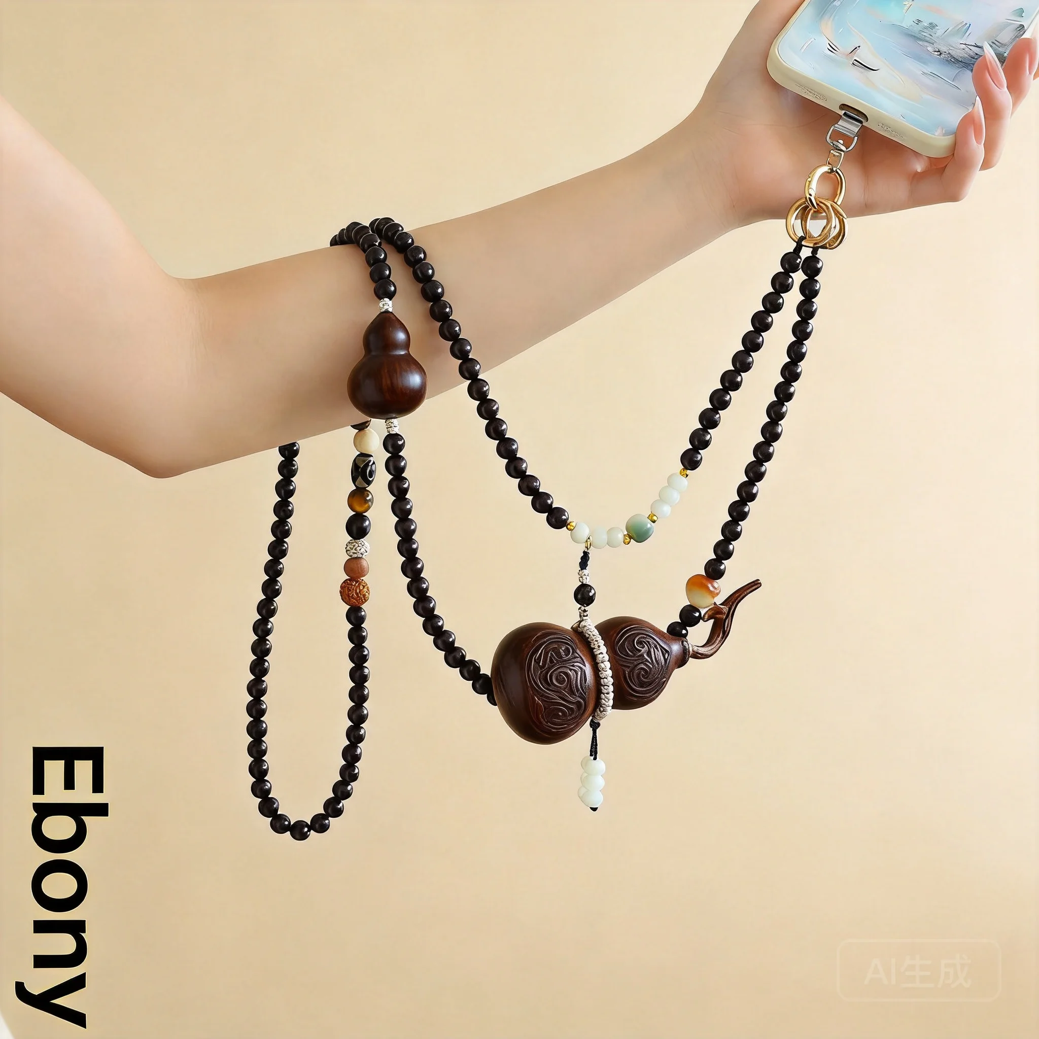 Chinese Style Lucky Gourd Natural Ebony Wood 8mm Beaded Chain 120cm Crossbody Anti Lost Phone Lanyard Fortune Blessing Necklace