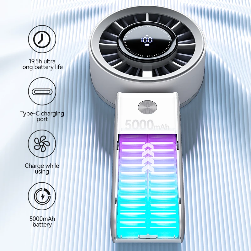 مروحة شاشة ديجيتال عالية السرعة محمولة باليد مروحة صغيرة رائعة صغيرة محمولة من النوع C شحن سطح المكتب قابلة للطي 100 مستوى مروحة معلقة للرقبة