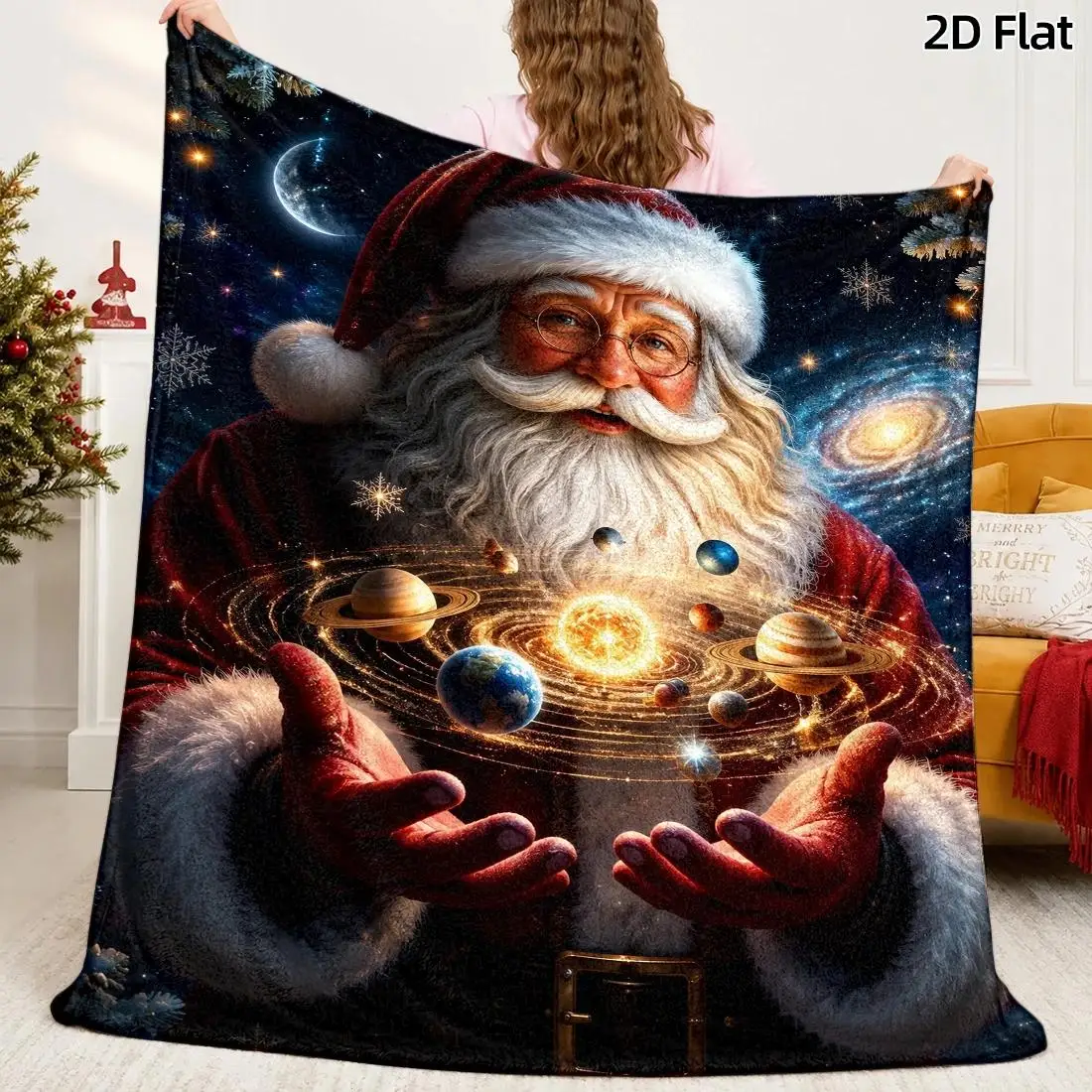 1pc 2D Flat Cosmic Santa & Galaxy Pattern Blanket, Oil Painting Style, Santa Holding Solar System