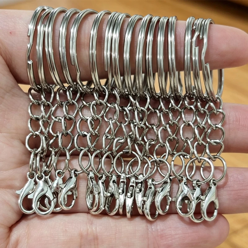 10-100pc Colorful Silver Keyrings with Chains Lobster Clasps Easy-use Universal DIY Jewelry Making Tool Keychain Connector Hooks