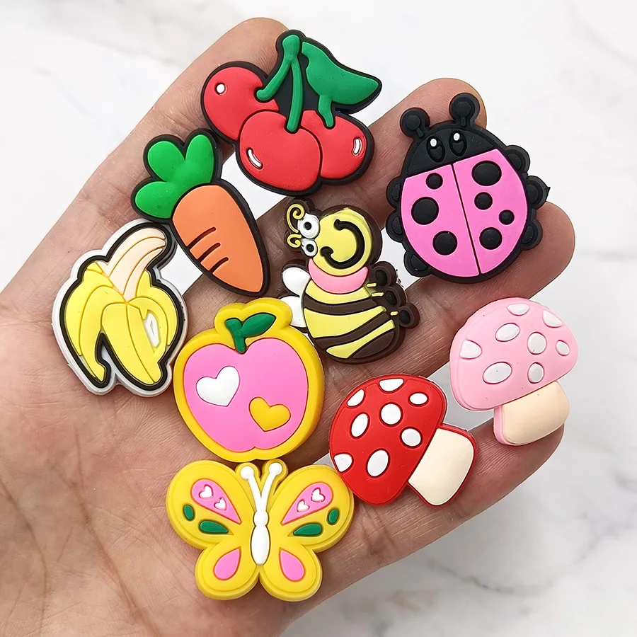 1Pcs Cartoon Fruit Animals PVC Shoe Charms Bee Butterfly Cherry Banana  Designer Upper Decorations Accessories Clogs Pins Buckle