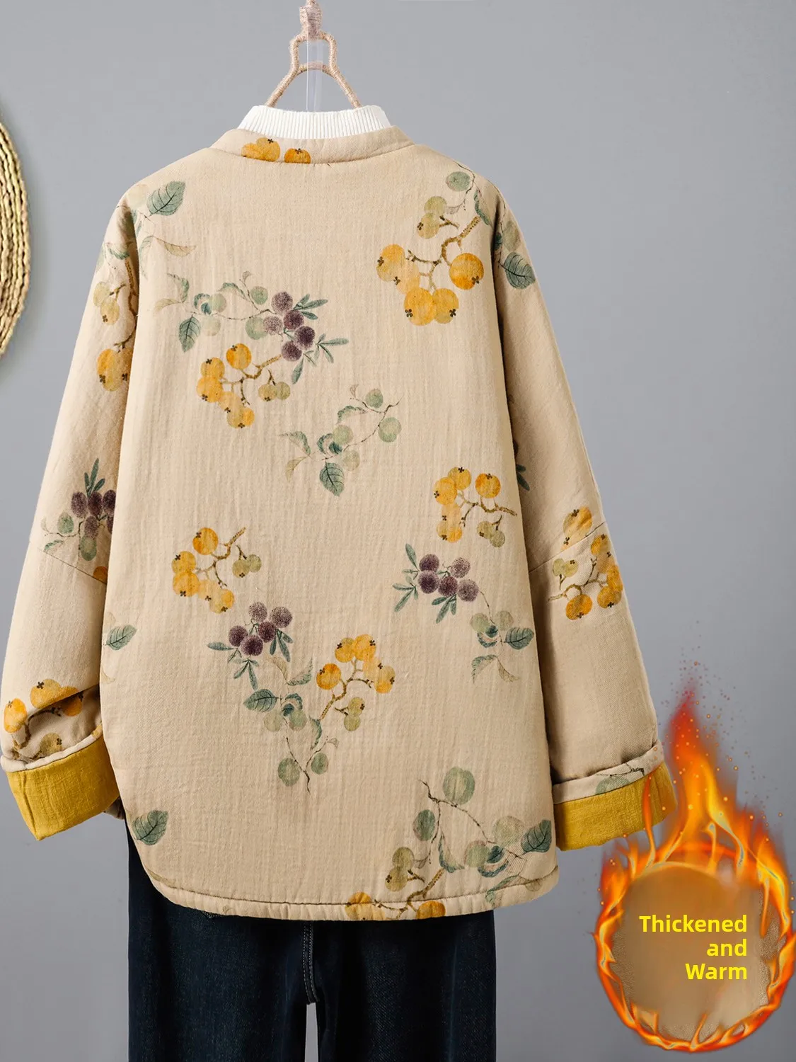 

Retro Chinese Sle Printed Cotton Jaet Warm Long Sve round Ne Double ket Large Size Button up Traditional Chinese Top