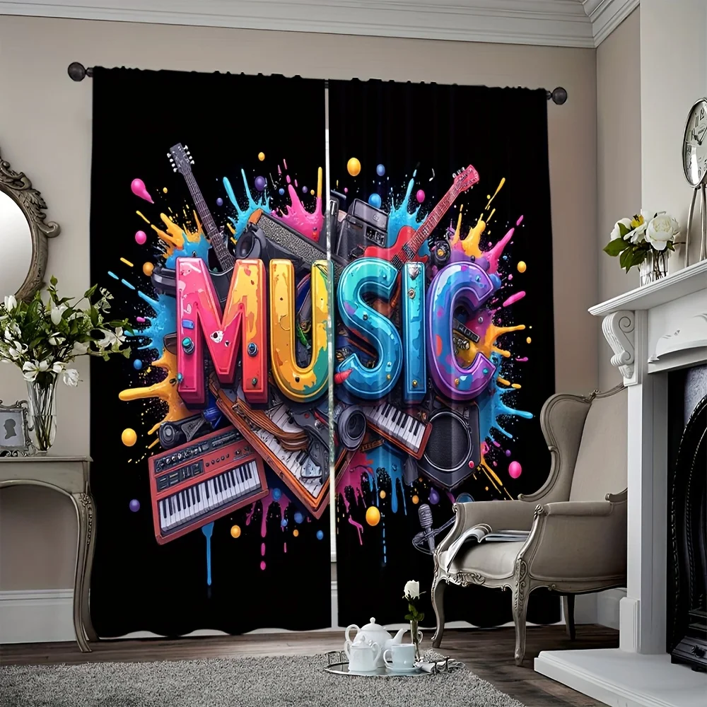 Colorful Music Instruments Graffiti Blackout Curtains - Vibrant Musical Notes Print Window Drapes for Kids Room Studio Decor