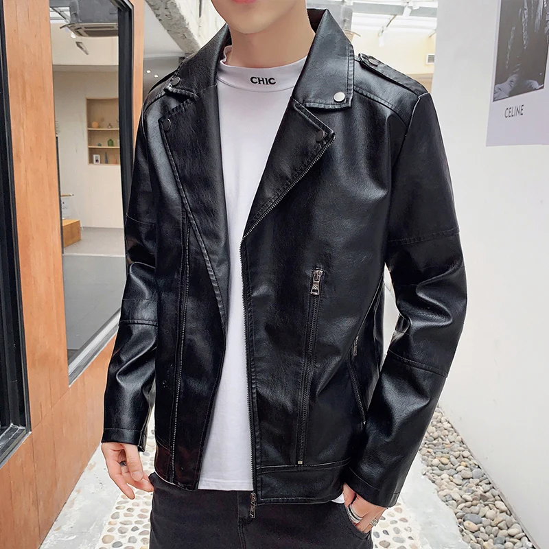 

High Quality PU Leather Jacket Men's Casual Loose Large Size Spring Autumn Fashion Solid Color Sports Motorcycle Jacket Coats