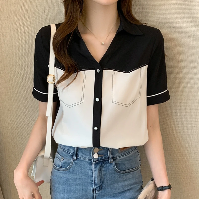 

Black White Color Block Chiffon Blouse Lapel Collar Short Sleeve Shirt 2025 Summer Office Casual Wear Trendy Formal Tops Women