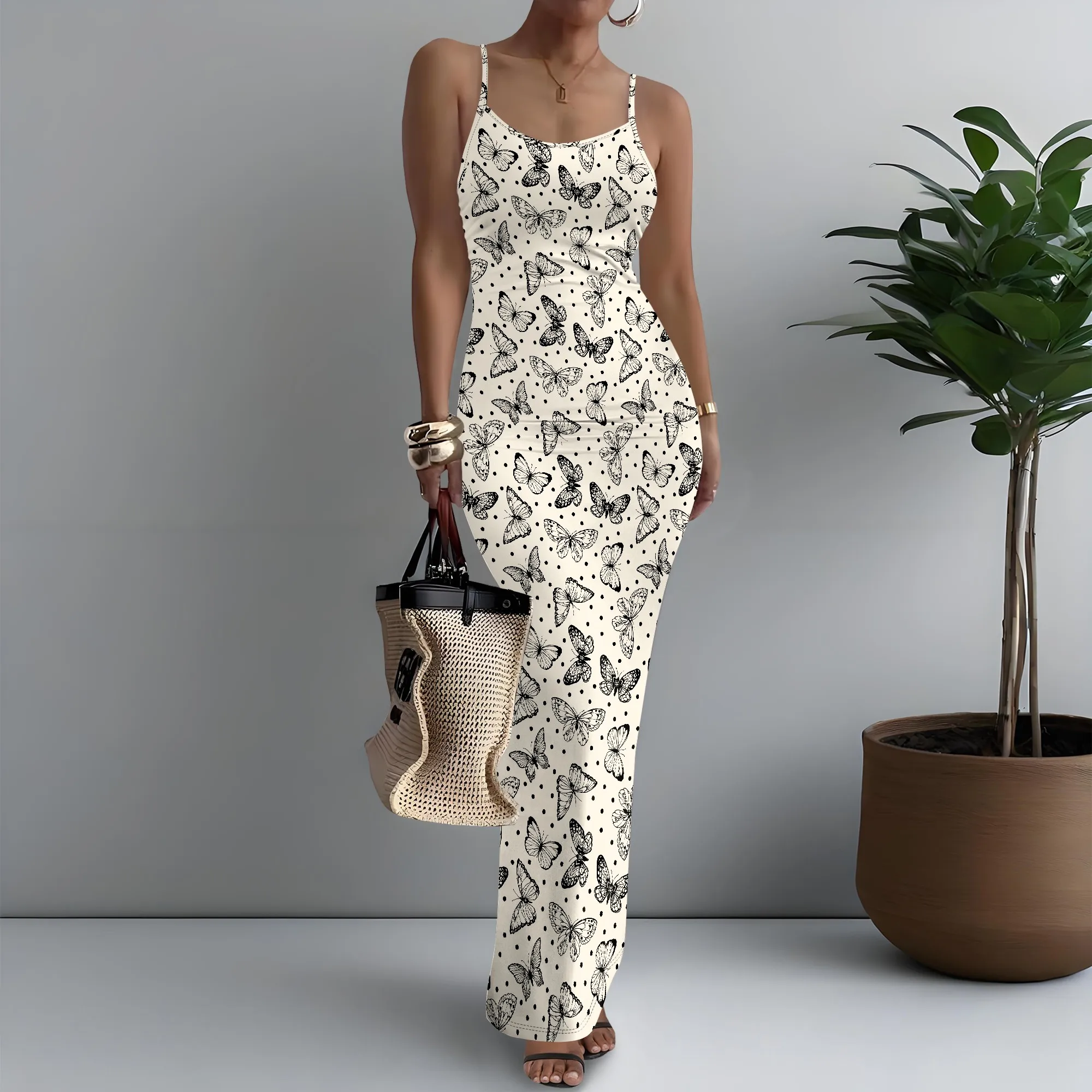 

Women's Spaghetti Strap Maxi Dress Girly Butterfly Print Breathable XS-3XL