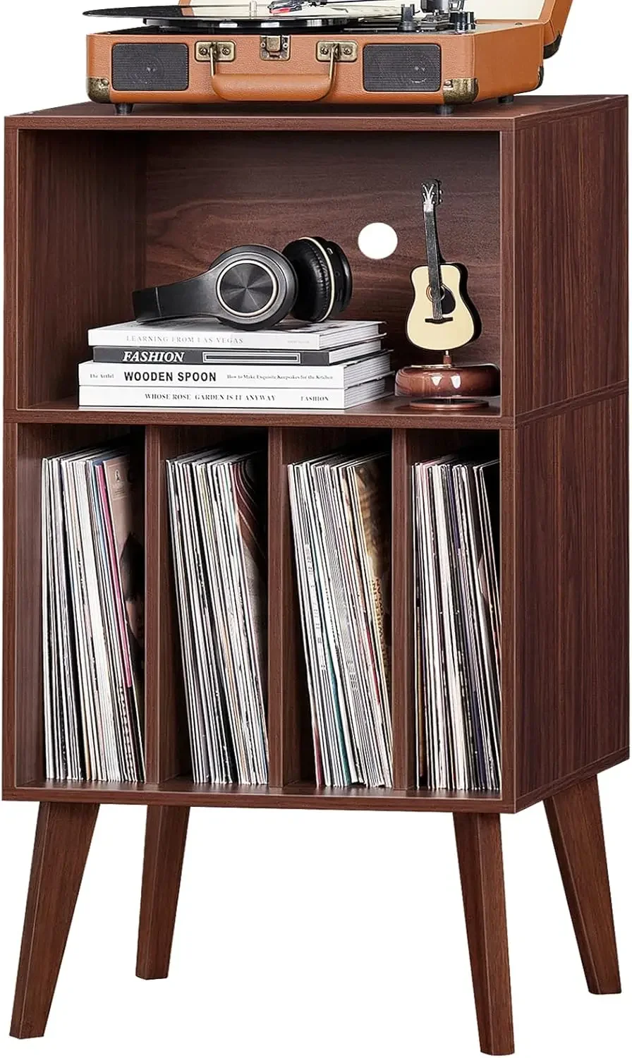 Record Player Stand, Walnut Turntable Stand Holds up to 160 Albums, Mid-Century Vinyl Storage Cabinet Table with Solid Wood Legs