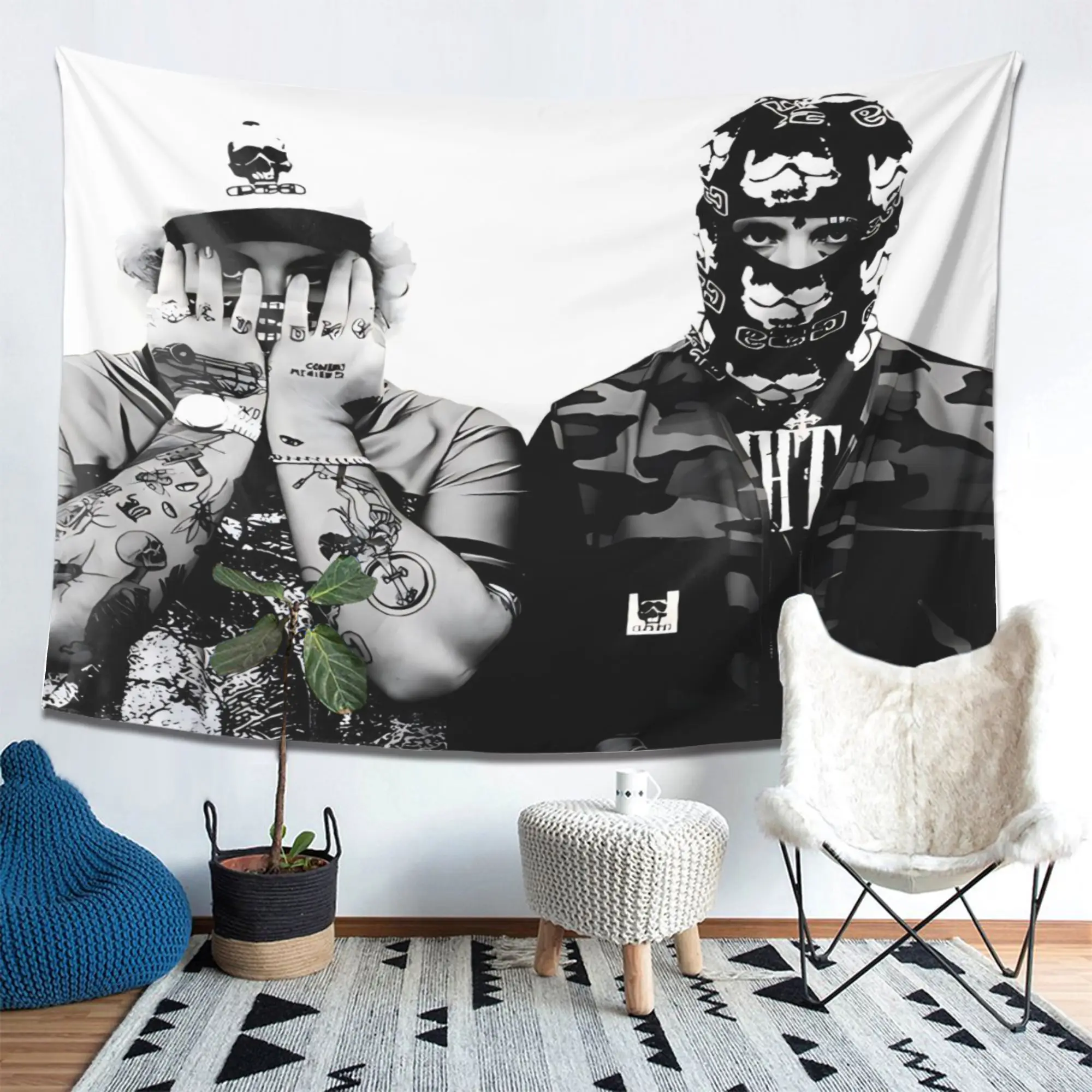 VIKAMA Black and White Hip Hop Tattoo Character Tapestry Wall Hanging Home Decor for Bedroom Living Room Street Bandit Mask