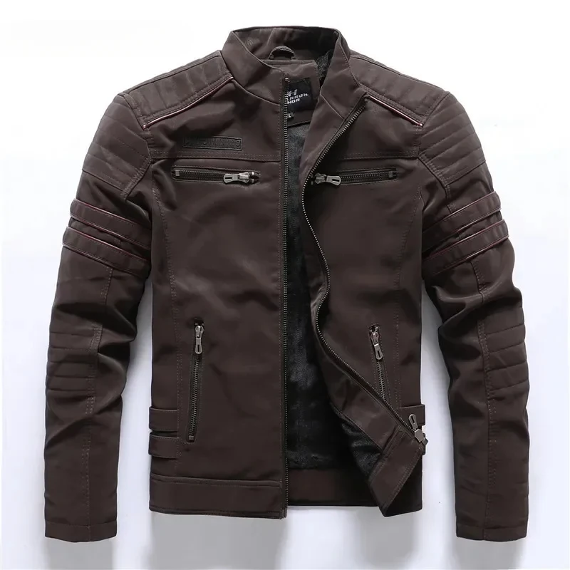 Winter Leather Jacket Men Fleece Warm Causal Motorcycle Embroidery PU Coats Multi-pocket Vintage Outwear Male Autumn Windbreaker