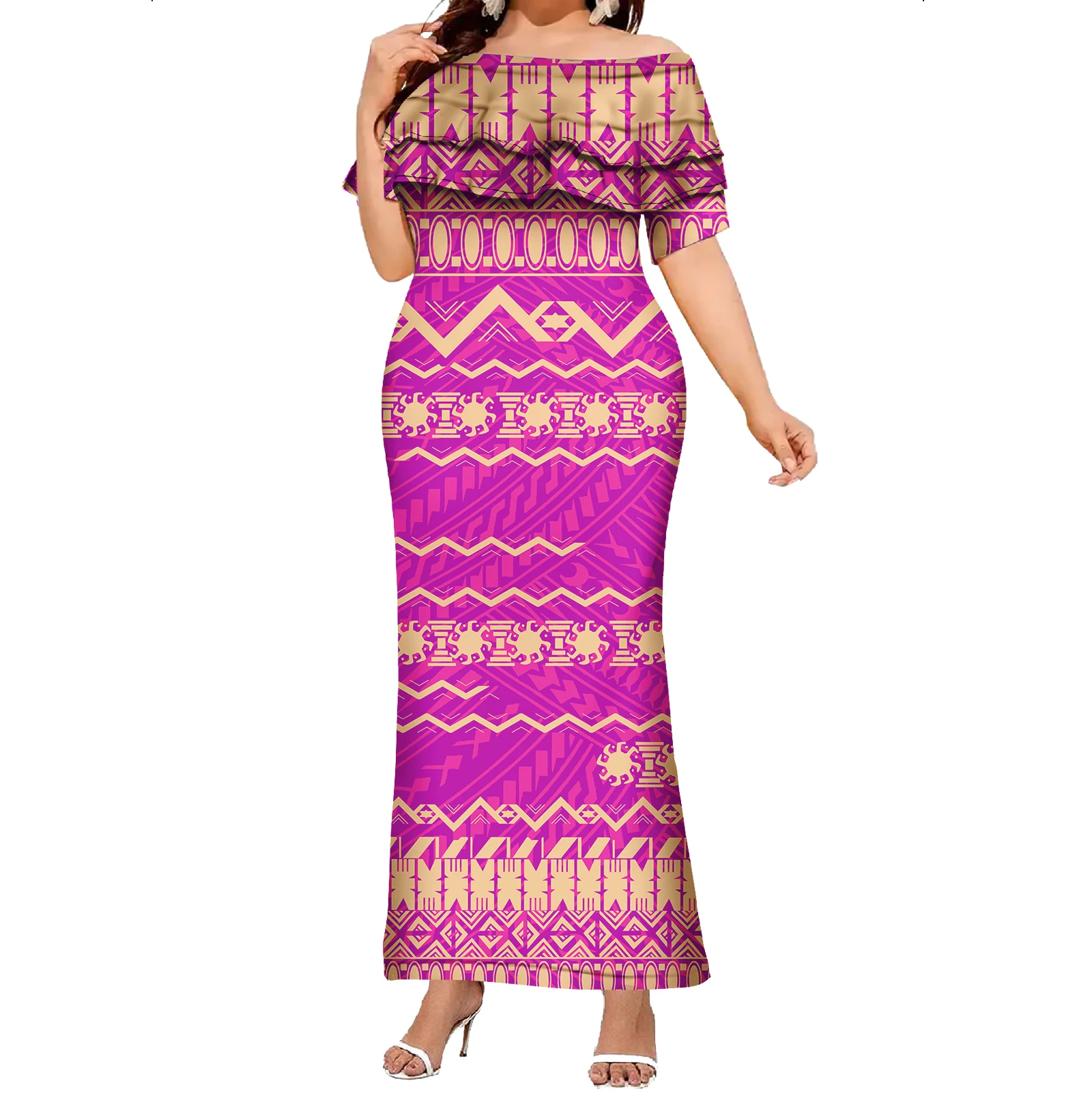 

High Quality Polynesian Dress Pacific Island Pattern Plus Size Women Casual Off- Shoulder Ruffles Dress
