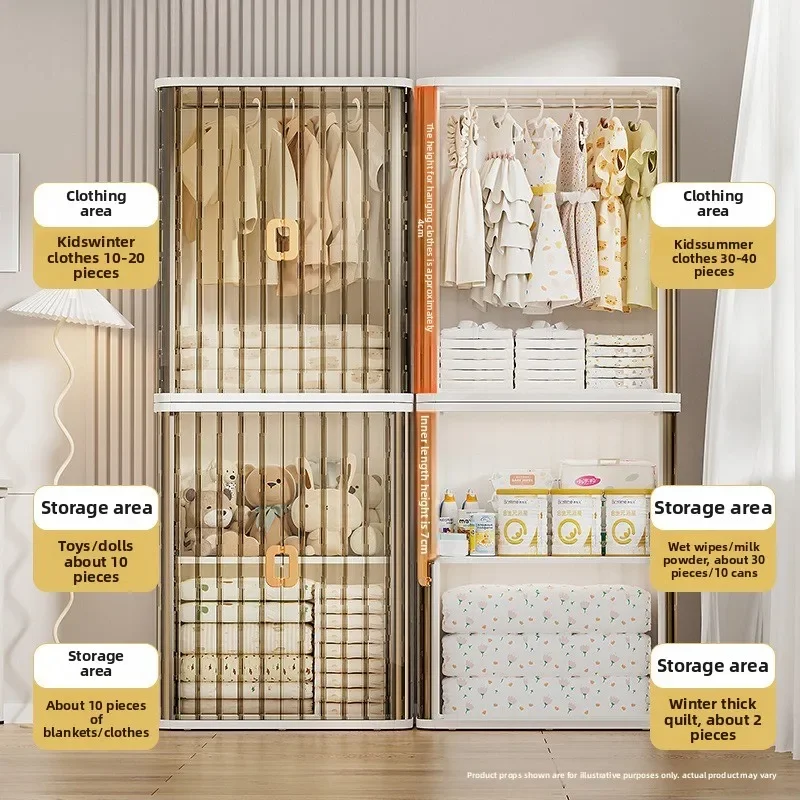Portable Closet Wardrobe Foldable No Install Easy Children Wardrobe Rolling Door Plastic Multifunctional Storage Cabinet