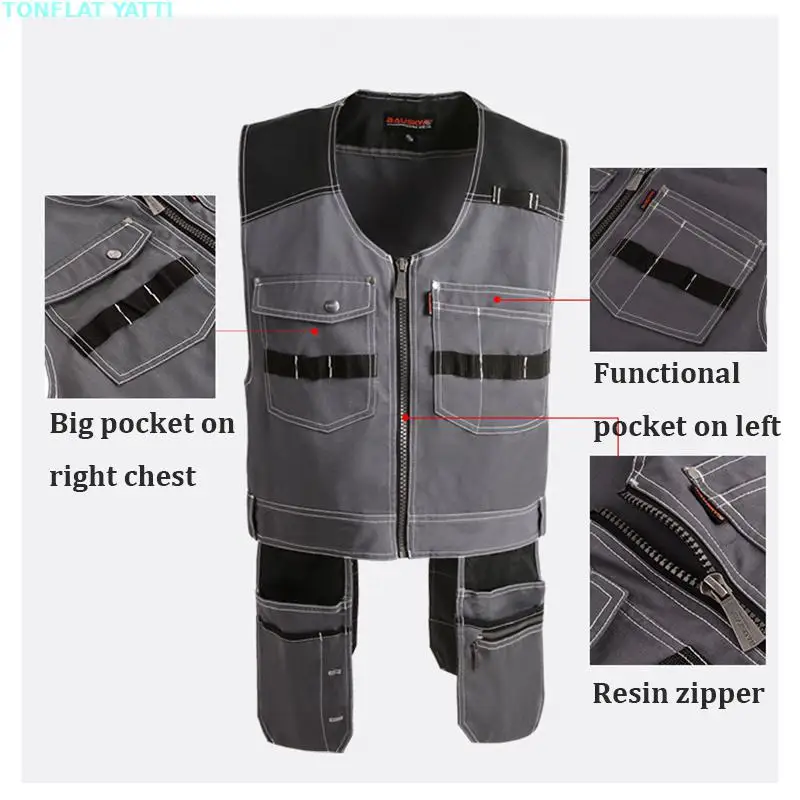 Men's Vest Multifunction Multi Tool Multi-pocket T/c Twill Workwear Vest Waistcoat For Maintenance Zipper