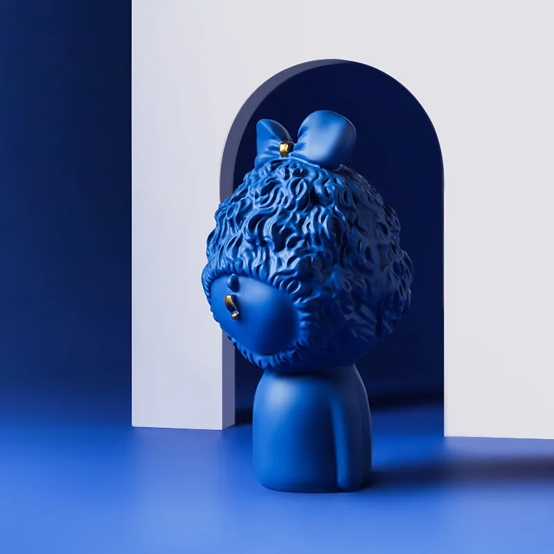 Resin Curly Hair Pouting Girl Sculpture Crafts Bookcase Study Ornaments Modern Cartoon Character Cute Loli Girl Statue Decor