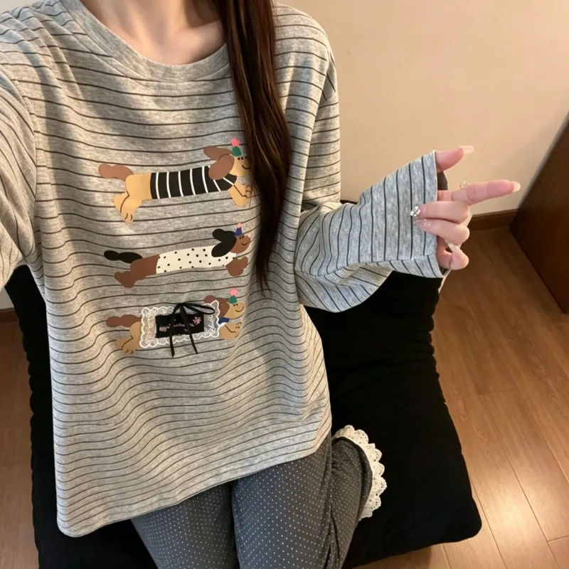 Cute Dachshund Print 2-Piece Loungewear Set Women Autumn Striped Long Sleeve Pajamas Lace Trim Pants Soft Home Nightwear Ladies