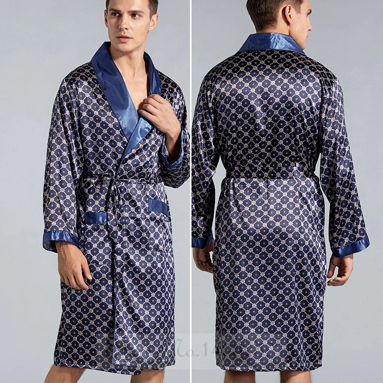 Plus Size 3XL 4XL 5XL Men Robe Sleepwear Navy Blue Stripe Kimono Bathrobe Gown with Pocket Summer Satin Home Clothes Lounge Wear