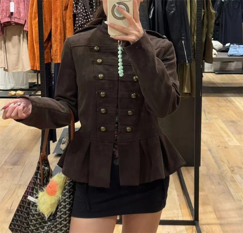 Guobioziy Women's Jacket 2026 Fall New Arrival Dark Brown Long Sleeve Button-Detail Skirt Hem Biker Jacket Parka Trendy Stylish