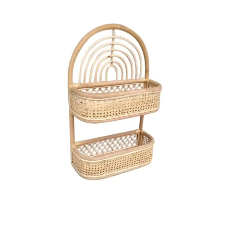 rattan double-layer shelf hanger retro handmade storage basket wall hanging hook shelf