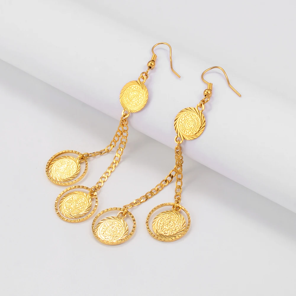 Anniyo Wholesale Coin Money Sign Gold Color Drop Earrings Ancient Coins Muslim Jewelry Women,Islamic Middle East #160606