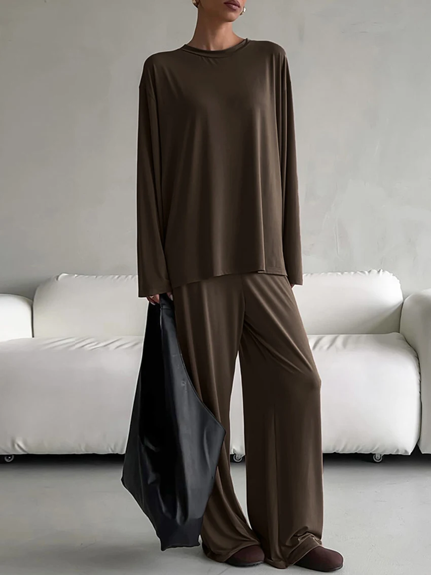 

Marthaqiqi Brown Loose Female Sleepwear Suit O-Neck Nightgowns Long Sleeve Nightwear Wide Leg Pants Women'S Pajamas 2 piece Set