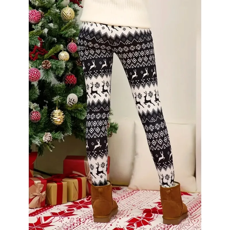 

Women's 1XL-5XL Plus Size Christmas Leggings Women's Reindeer & Argyle Print Elastic High Rise Slight Stretch Leggings