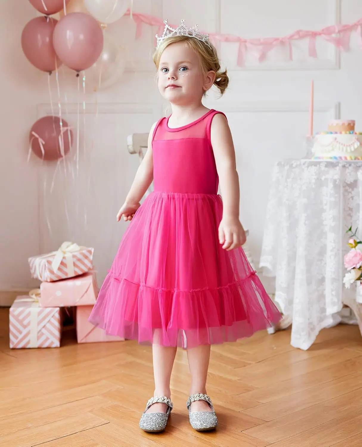 فستان رسمي بدون أكمام للأطفال الصغار، فساتين فتاة الزهور اللامعة من التول اللطيف لحفلات العطلات #2