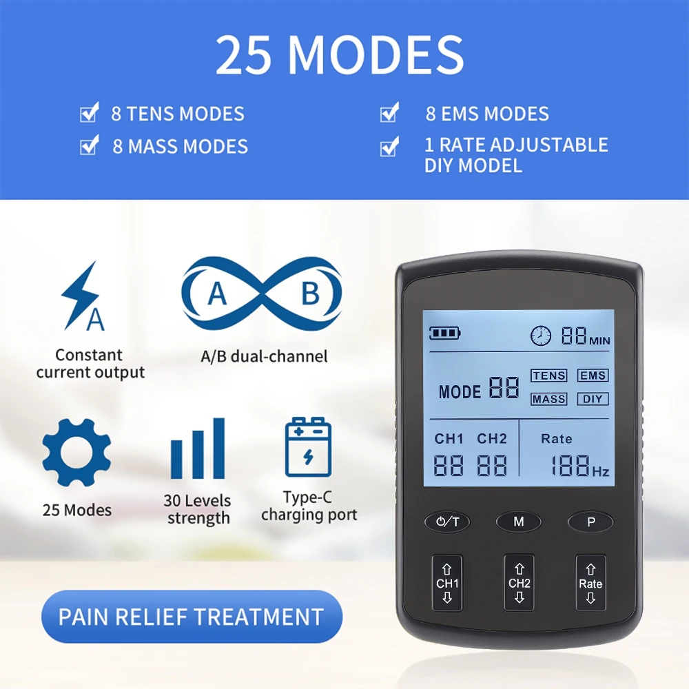 25 Modes Tens Massager EMS Muscle Stimulator Acupuncture Rechargable Electric Pulse Low Frequency Physiotherapy Slimming Device