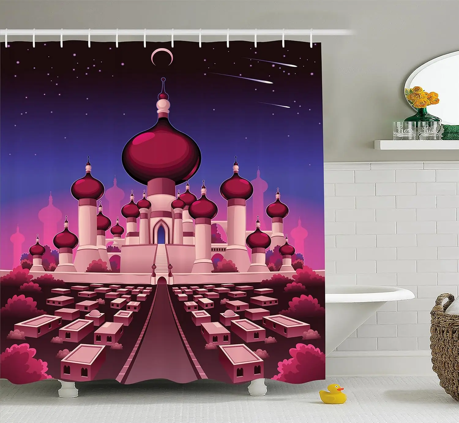 Cortina de ducha de fantasía Castillo árabe por la noche Cuento de hadas oriental Palacio paisaje ilustración decoración de baño