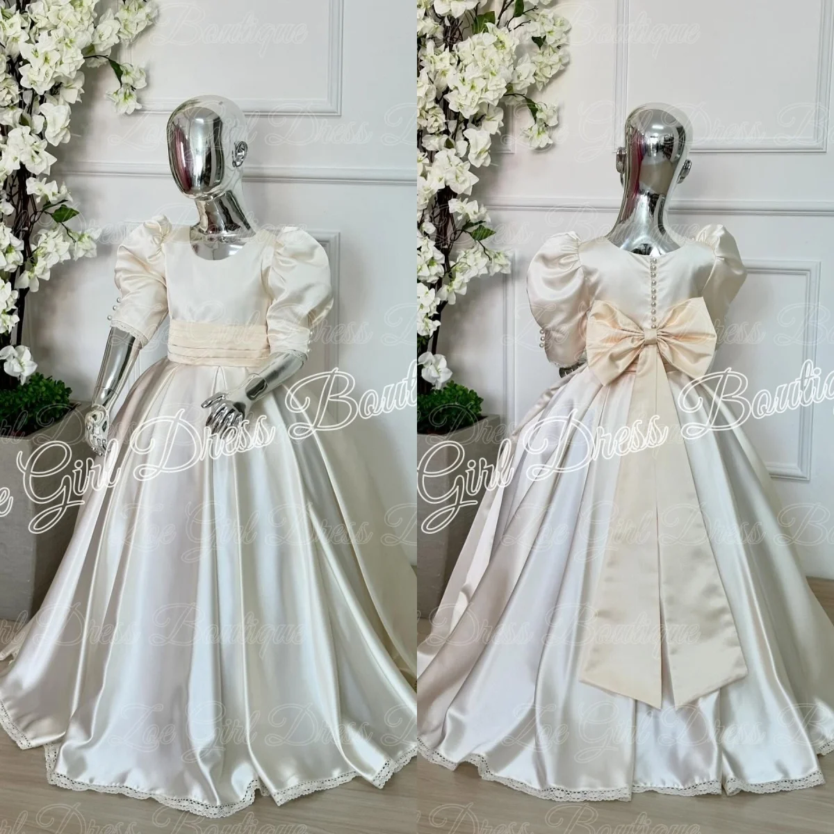 

Белые атласные платья для девочек на свадьбу с бантом, длинные в пол, для дня рождения, на Первое причастие, на заказ