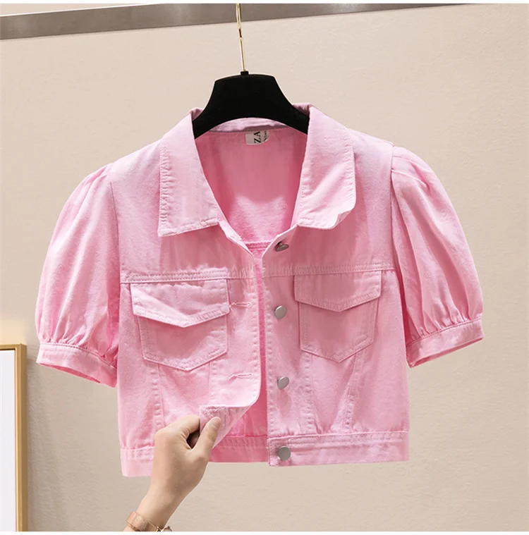 

Thin Short Sleeve Denim Jacket Coat Women Summer Slim Short Yellow Pink White Cowboy Outerwear Jeans Jackets