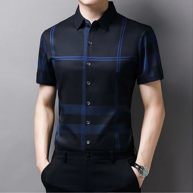 

Summer Plaid Short Sleeve Shirt for Men Wrinkle-Free Non-Iron Casual Button Down Top Outdoor Wear