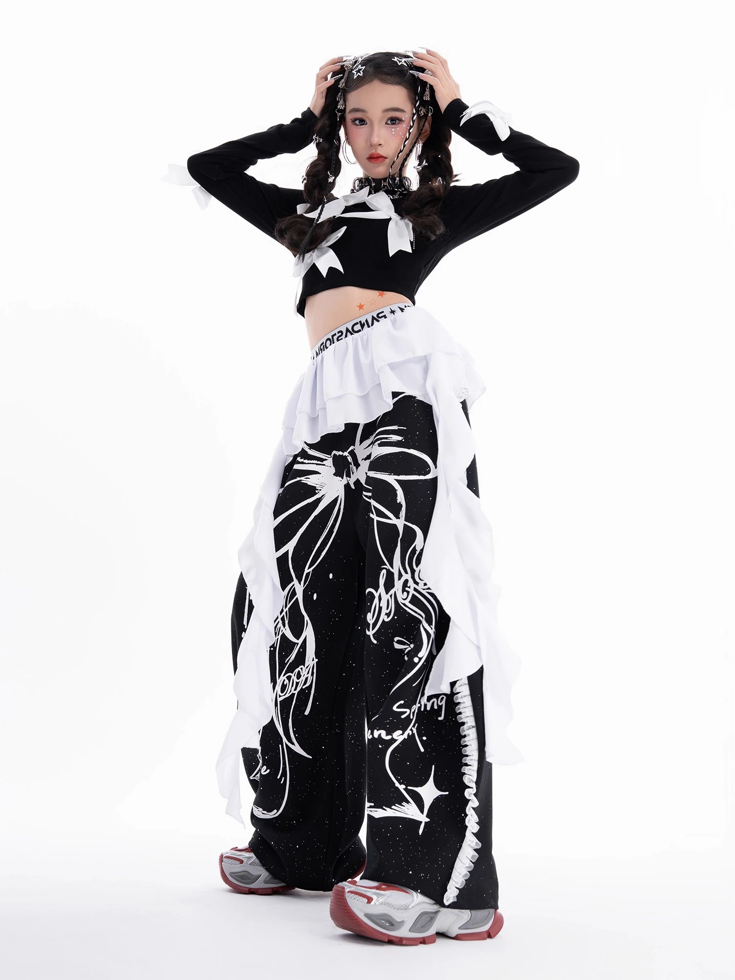 Süße Bowtie Mädchen Jazz Dance Kleidung Schwarz Tops Hosen Mode Street Wear Kinder Laufsteg Konzert Outfits Hiphop Show Tragen BL17651