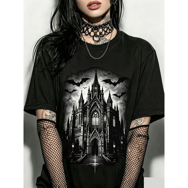 Dark Gothic Castle Bat Retro Garbage Aesthetics Women's T-shirt Summer New Style Unisex High Street T-shirt