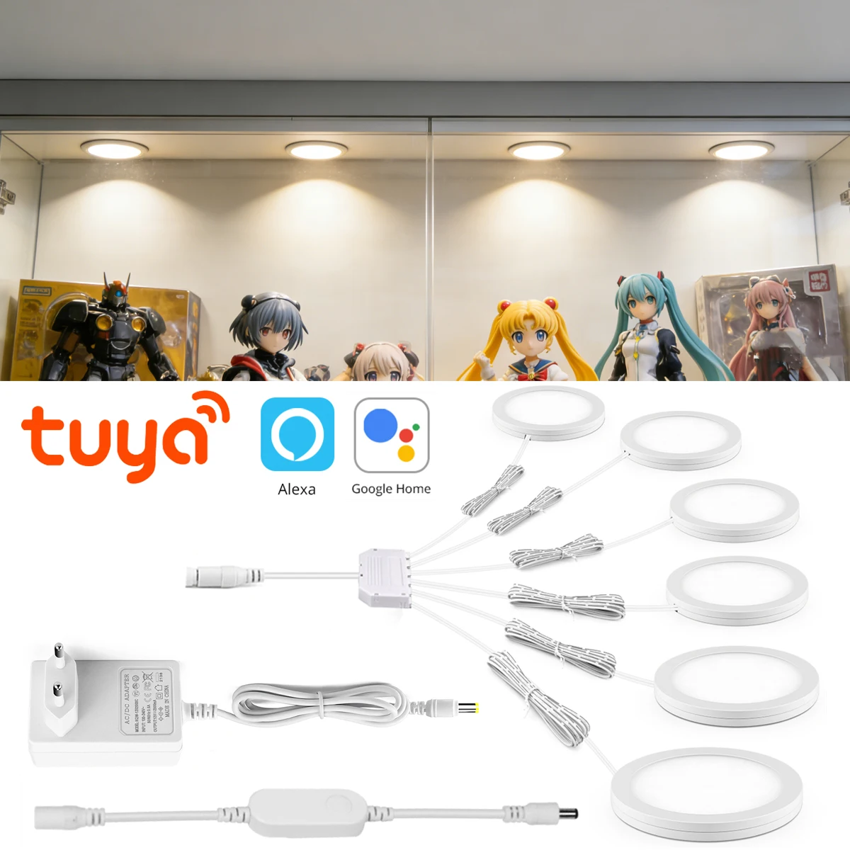 12V Smart Tuya APP Control LED Light Dimmable Voice,Ultra-Thin Stick-on Ceilling Lamp.LED Puck Lights for Cabinet Show Shelf