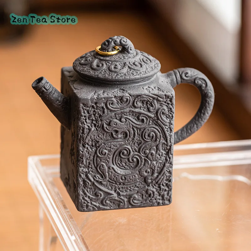 Hand Made Black Gold Square Chi Dragon Pot Teapot Teapot Kung Fu Tea Set Retro Wabi-sabi Teapot Clay Hand Grab Pot