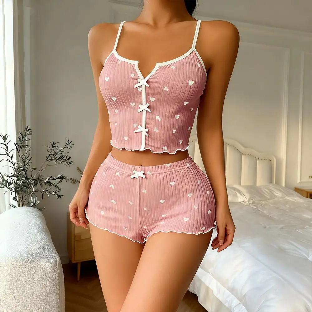 2-Piece Pajama Set for Women Cherry Print Bow Front Cami Top and Short Pajama Set Cute Soft Sleepwear ﻿