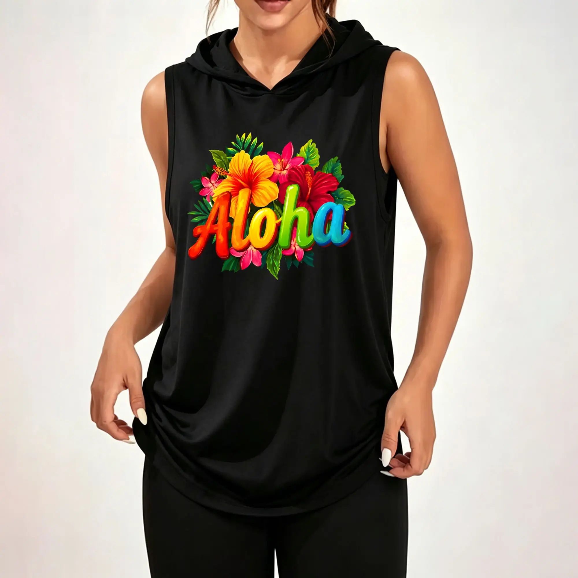 Women's Sleeveless Hoodie, Aloha Tropical Flower Gradient Letter Graphic Print Casual Hooded Tank Top