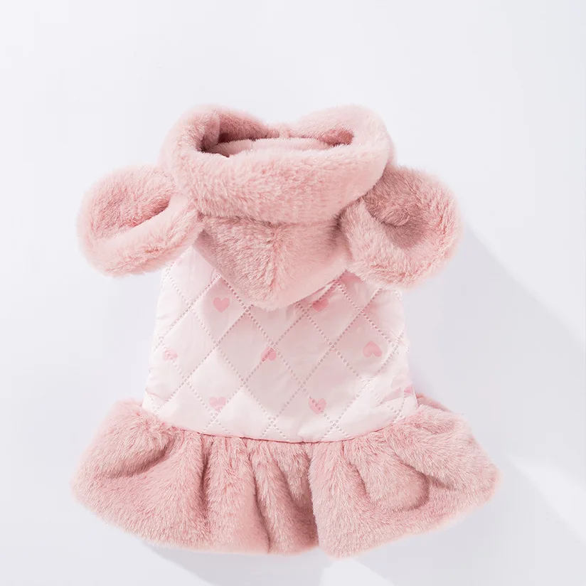 Warm Plush Pet Hooded Jacket Winter Autumn Coat Cute Lovely Dog Dress Princess Dog Clothes For Small Dog