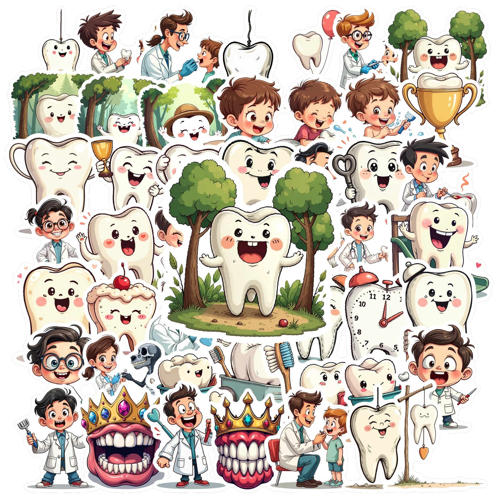 50pcs Happy Healthy Tooth Stickers Cute Dental Friend Stickers Fun Waterproof Laptop Water Bottle Scrapbook Decal Collection