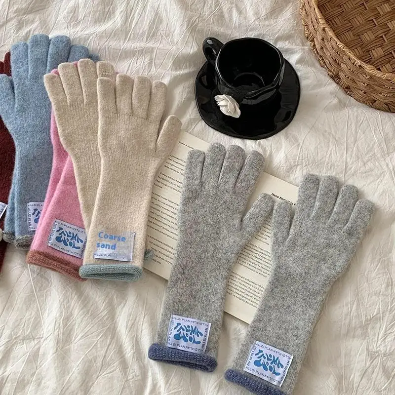 Gants chauds bouclés avec étiquette mi-longue coréenne pour femmes, gants tricotés à cinq doigts pour écran tactile Dopamine, blocage de couleur