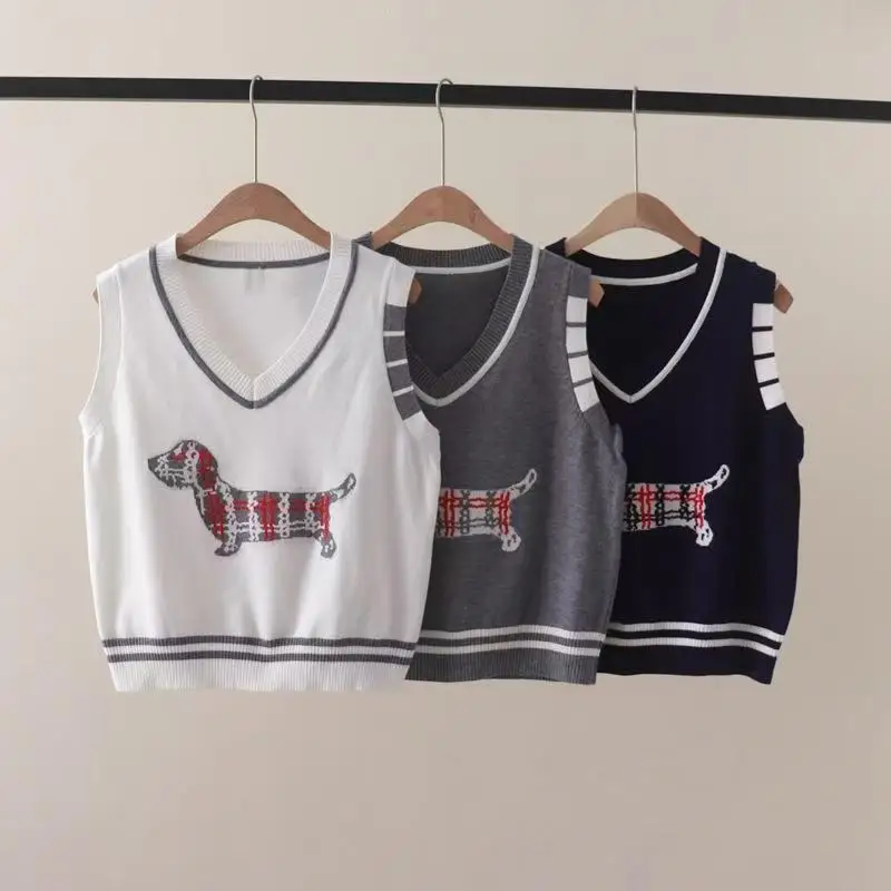 British College Cute Puppy Jacquard Knitted Sweater Women Golf Wear Casual V Neck Pullover Vest Sweater Sleeveless Female Jumper