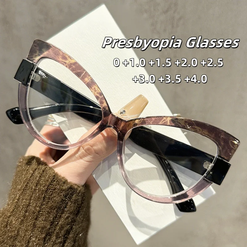 

Fashionable Color Blocked Cat Eye Presbyopia Glasses Personalized Large Frame Anti Blue Light Glasses Diopter To +4.0 Unisex