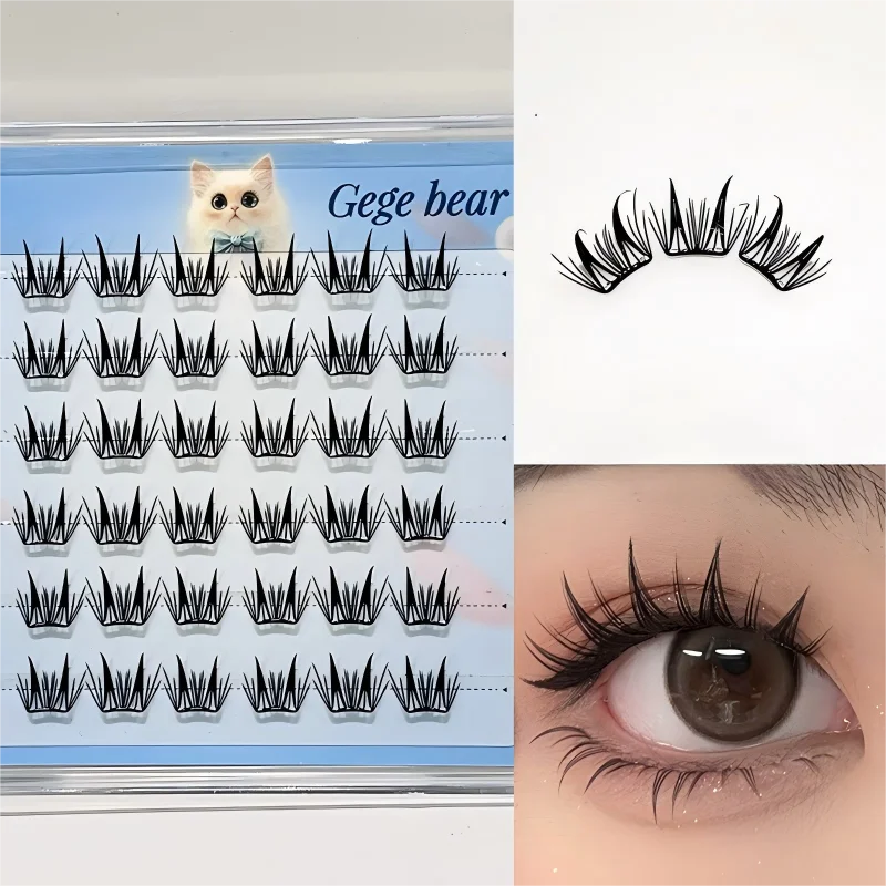 Gege Bear Natural Comic C-Curl, kleberfreie falsche Wimpern, segmentierte selbstklebende Wimpern, einfach zu tragen, perfekt für Anfänger