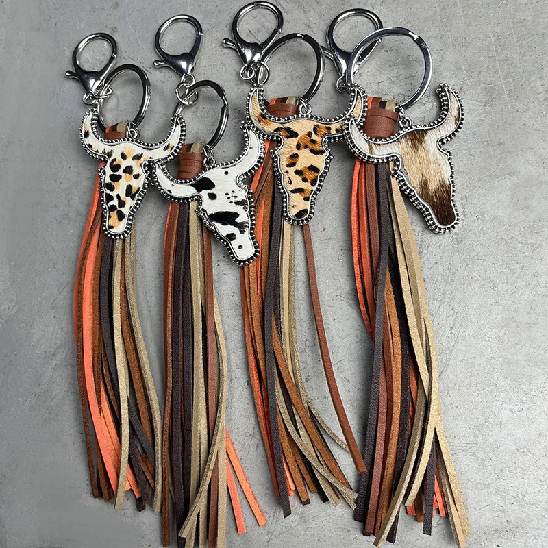 2023 Bag Accessories Pendant Multi-color Western Tassel Style Personalized Animal Print Leather Keychain