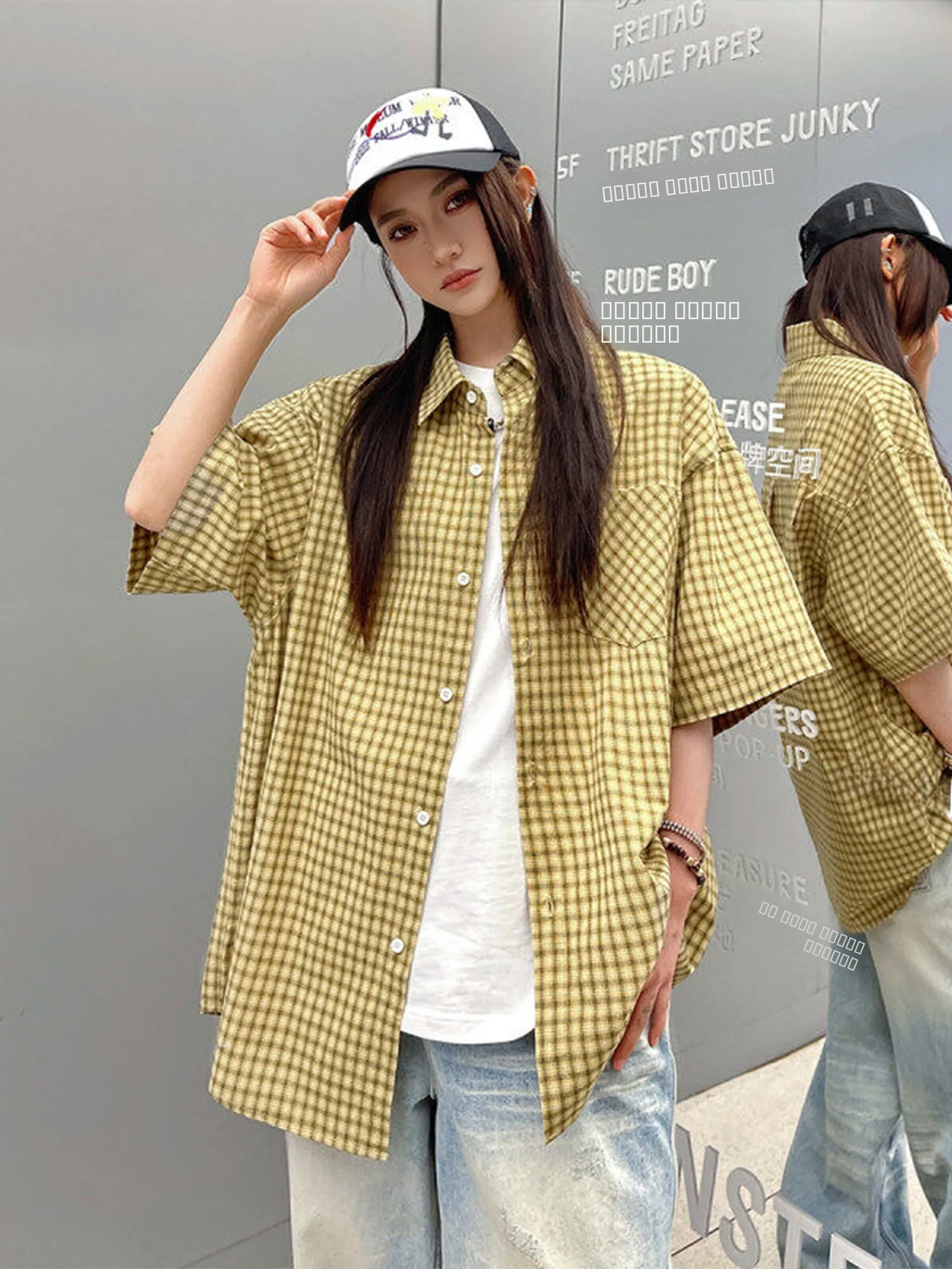

American Vintage Plaid irt Loose Fit Lightweight Summer Men's Women's Faionable Retro Couple's Outerwear ort Sve