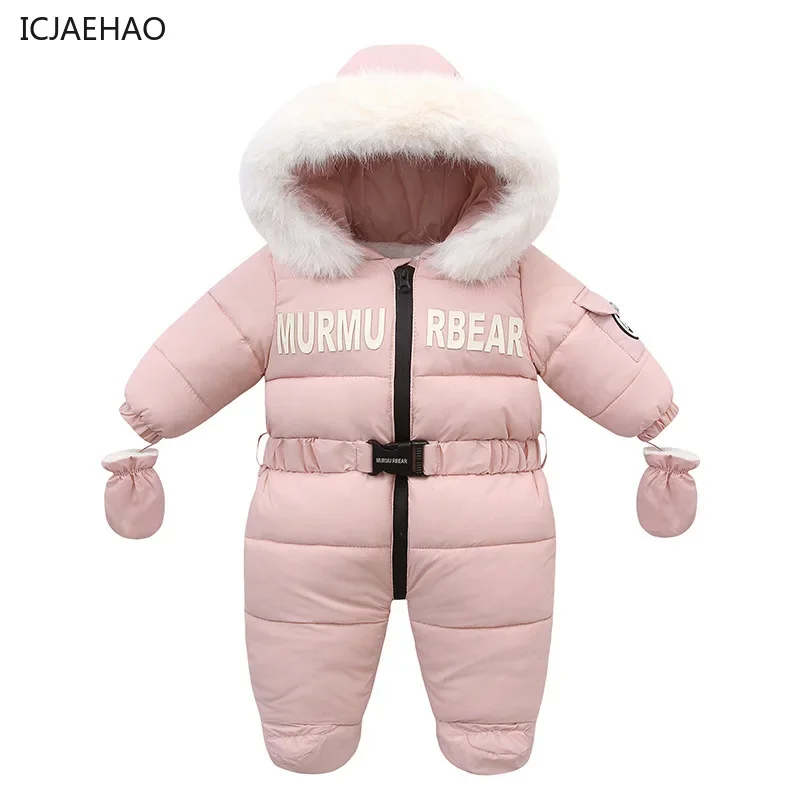 2025 Fashion Letter Toddler Jumpsuit Baby Girl Hooded Zipper Romper with Belt Newborn Bodysuits Warm Babies Boys Thick Boutique